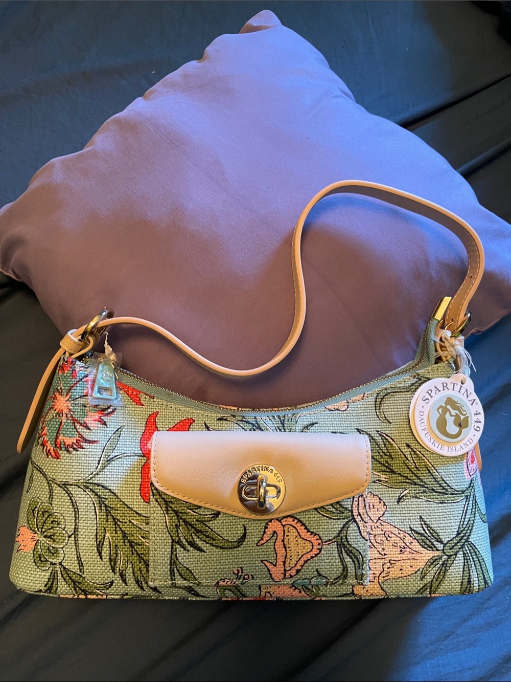 Spartina 449 Green Floral Shoulder Bag with Tan Trim